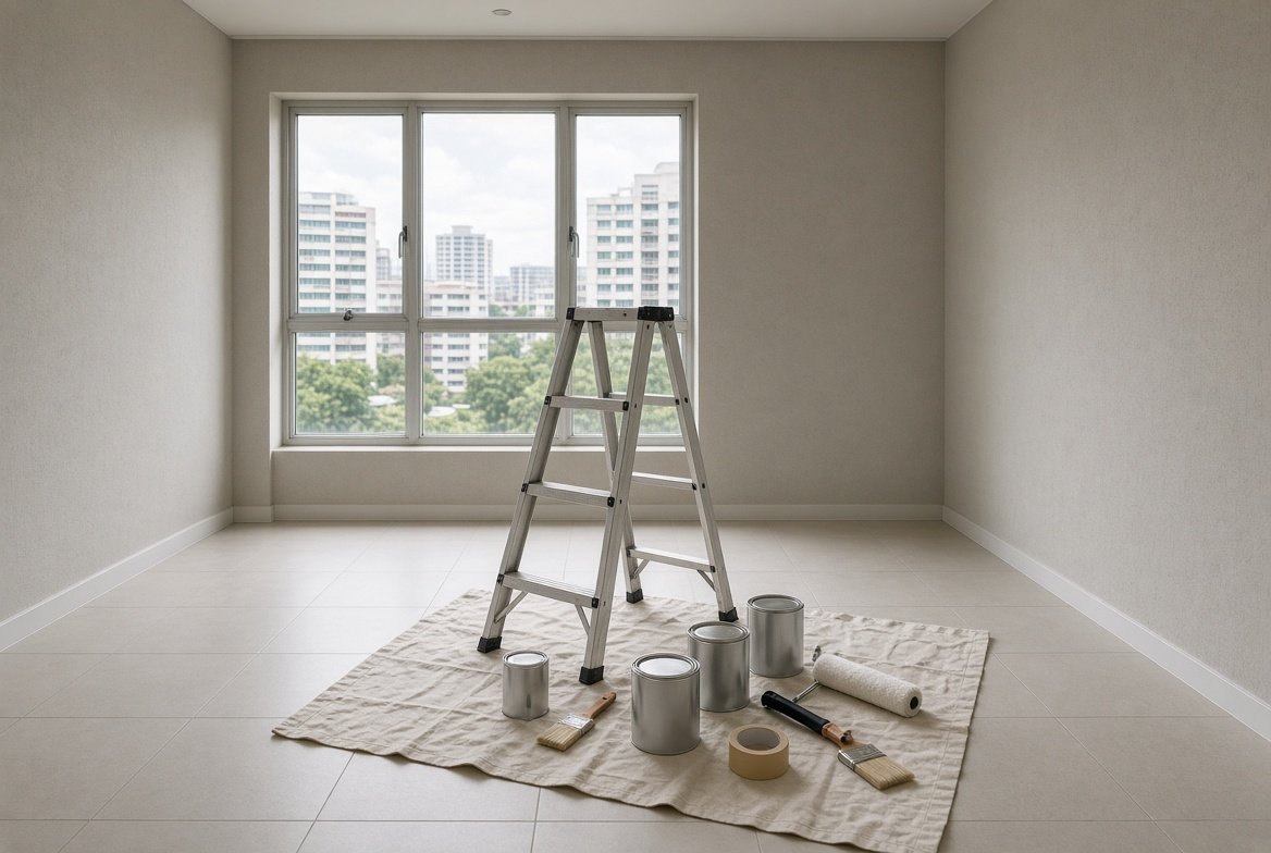 Ladder, paint tins and rollers ready on site